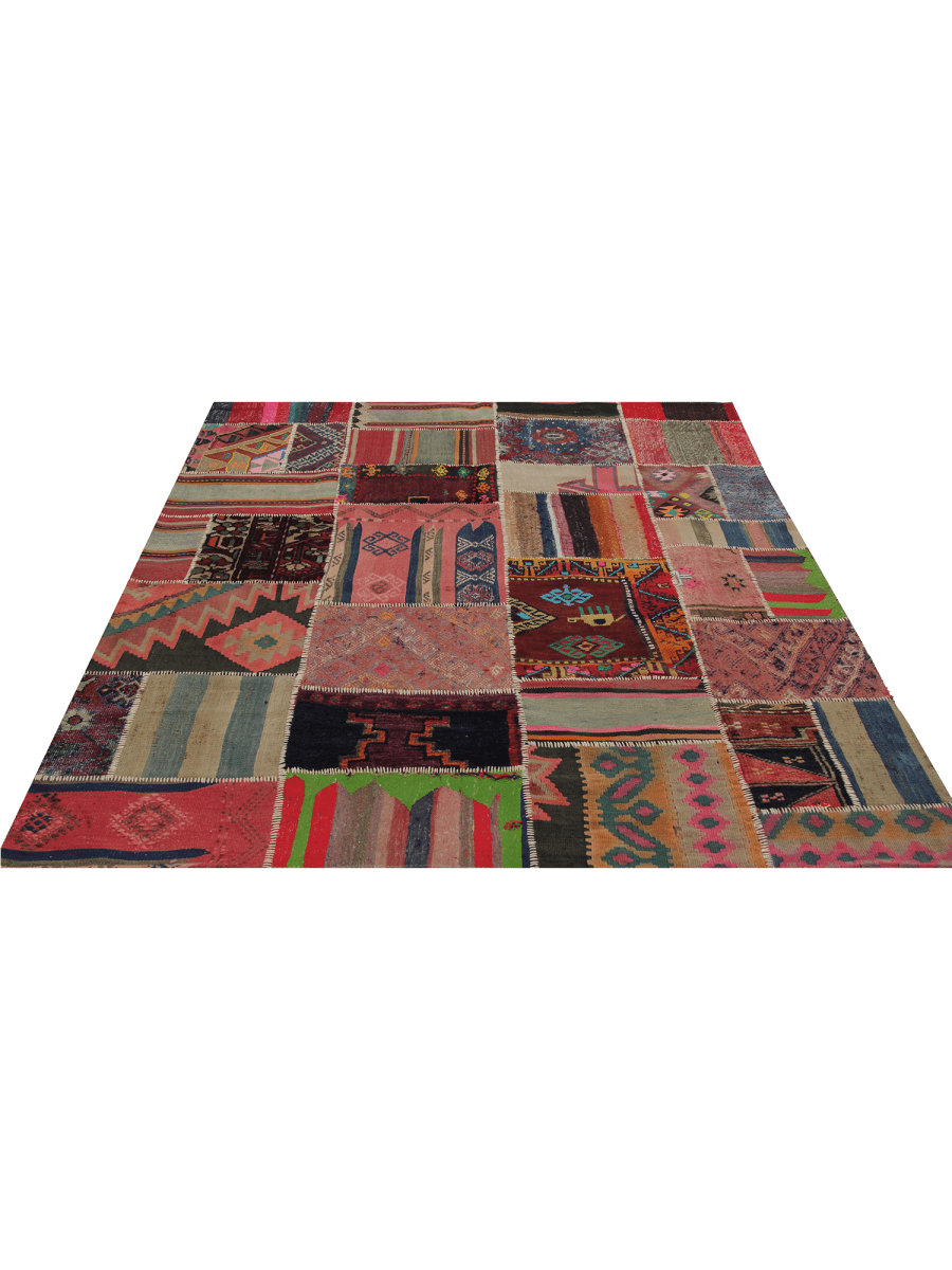 Tapis d'Orient Vintage Patchwork Kelim 200x150 Multicolore Rouge
