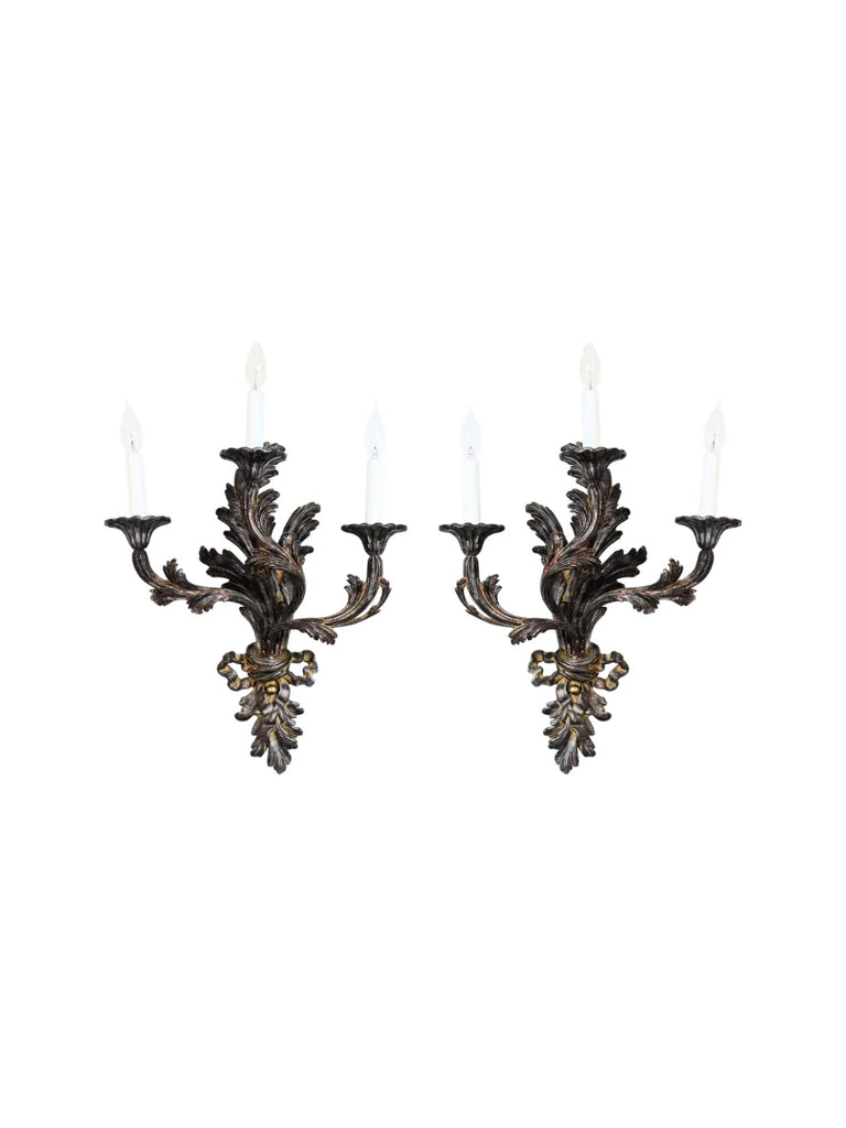 Hand-carved 3 Light Wood Wall Sconce with Leaf and Ribbon Motif - 314