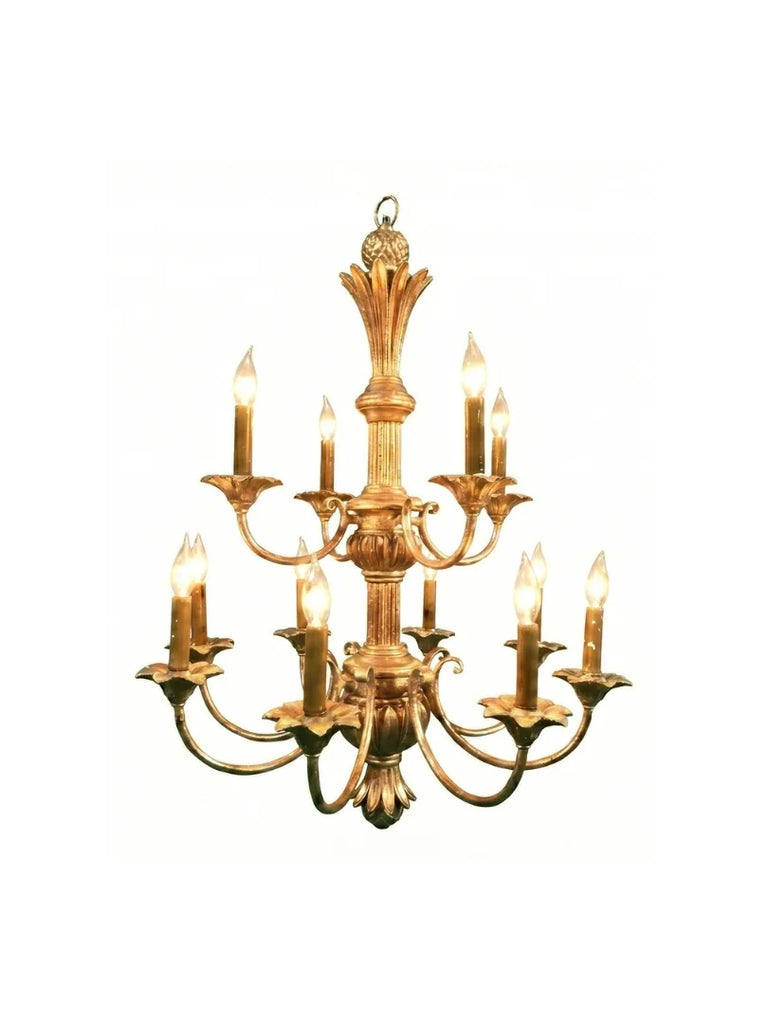 Italian Wood Carved 12 Light Chandelier - Antiqued Gold - 2861
