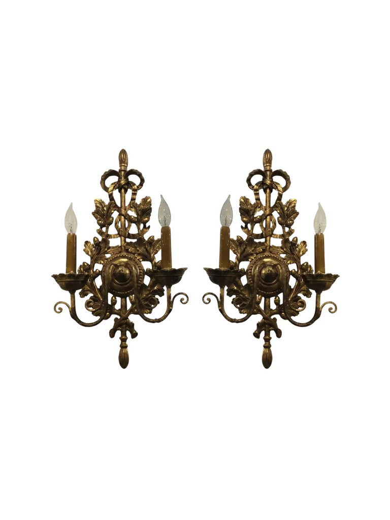 Pair of Hand-carved Oak Leaf, Acorn, and Ribbon Motif 2 Light Wall Sconce - 2963