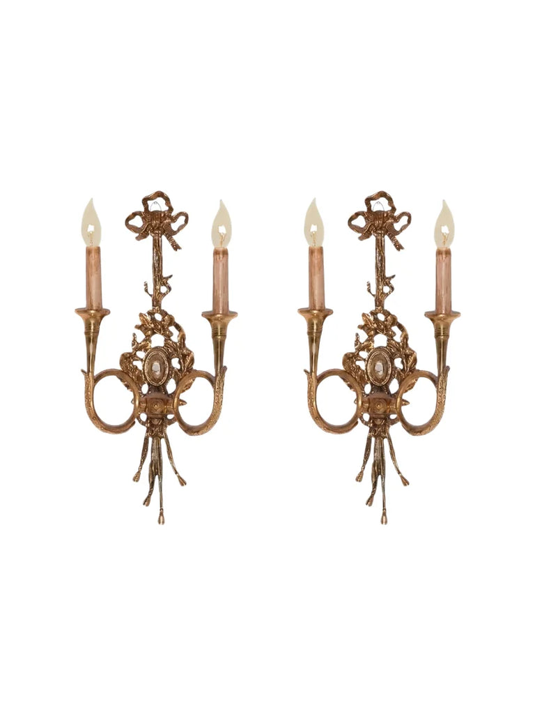 Pair of Italian 2 Light Louis XVI Style Brass Wall Sconce - 259