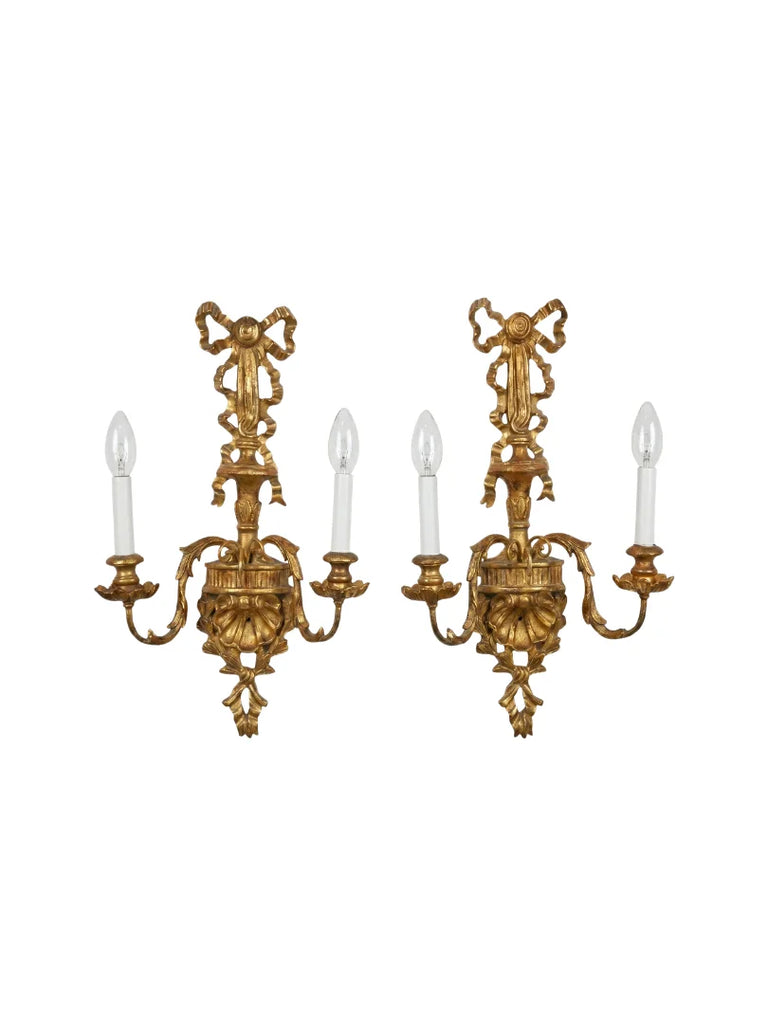Pair of Italian 2 light wood carved sconces featuring a shell with ribbon motif - 2930