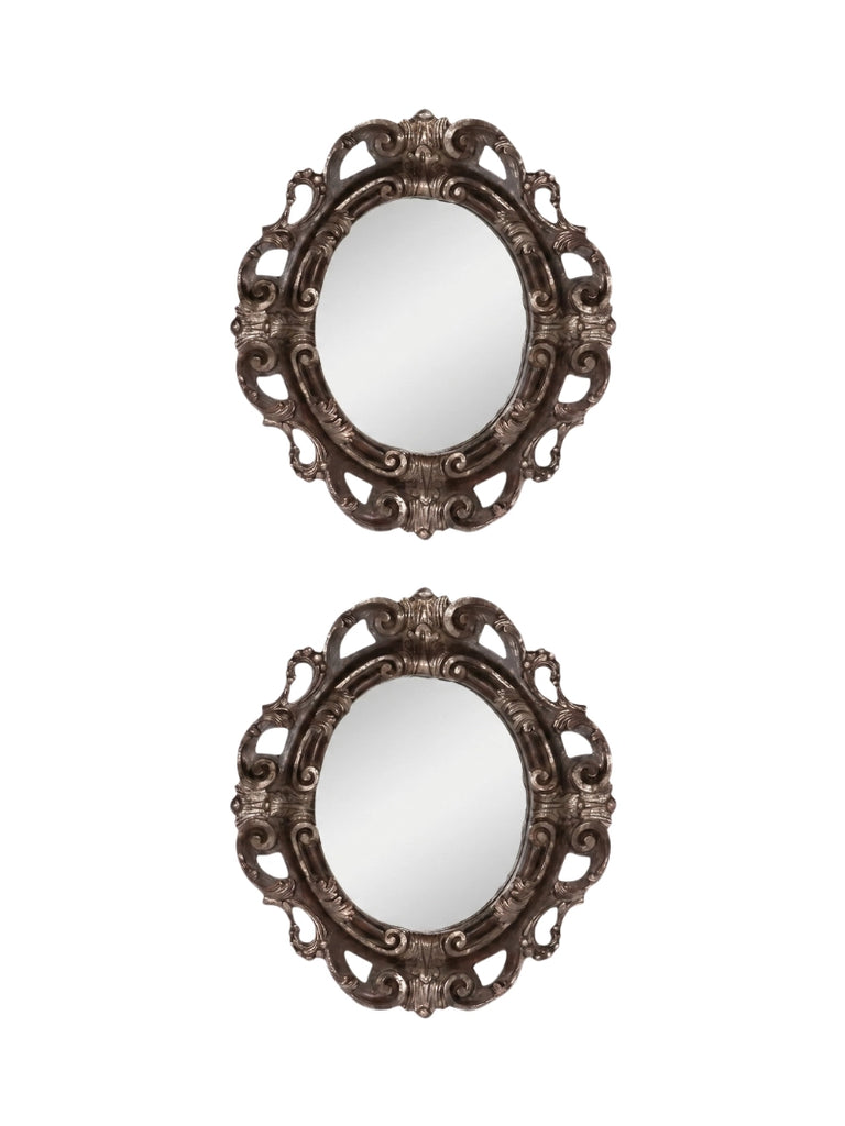 Pair of Italian Carved Wood Oval Mirror - Oxidized Silver - 907