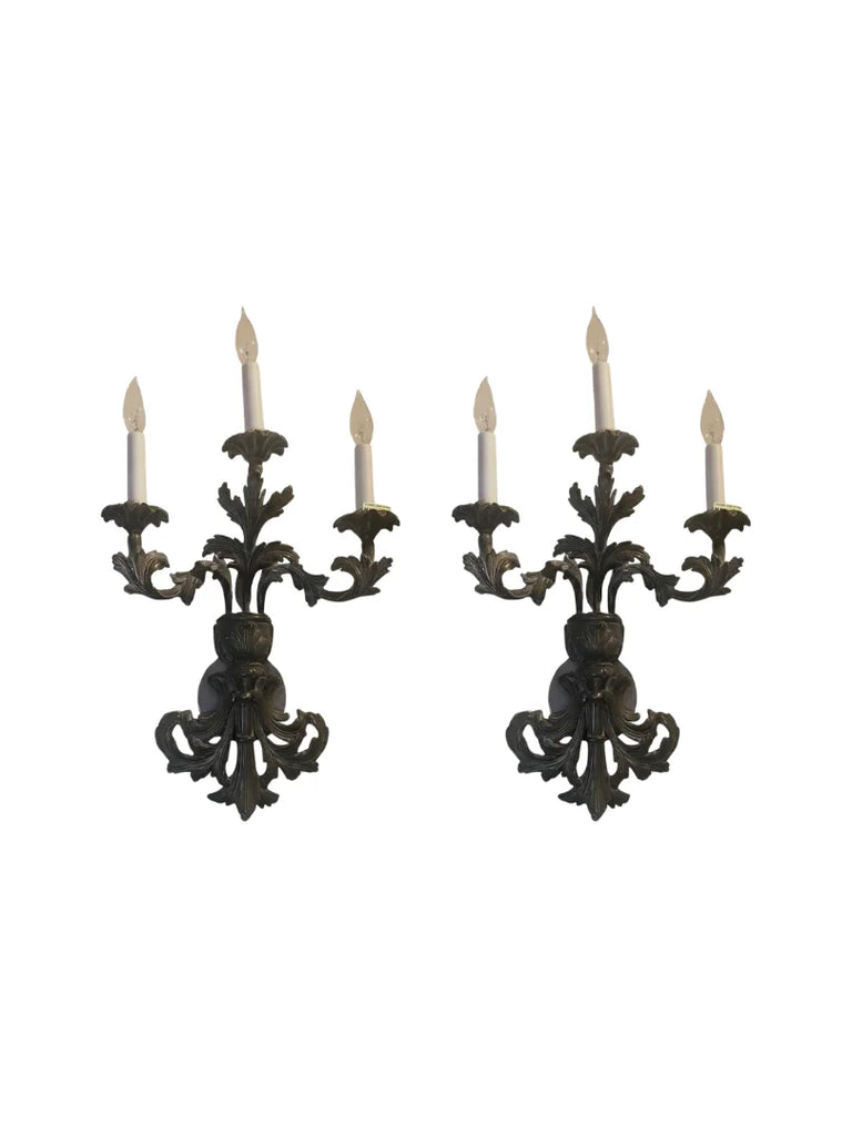 Pair of Italian Hand-Carved 3 Light Wall Sconce with Leaf Design - 3757