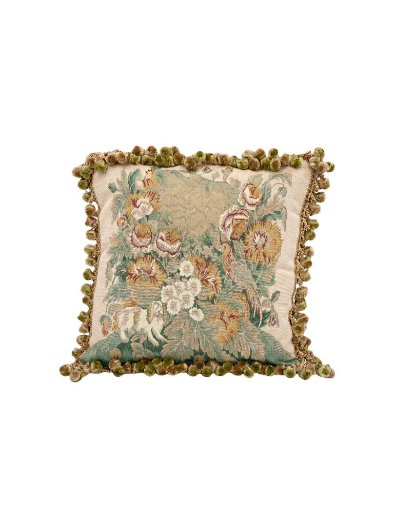 Handwoven Silk Tapestry Pillow - Floral Bird & Dog Design - 9010227