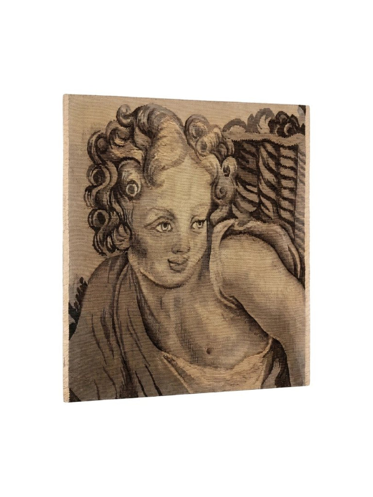 Handwoven Wool Tapestry Fragment Featuring a Cherub in Charcoal. Right facing - T10258