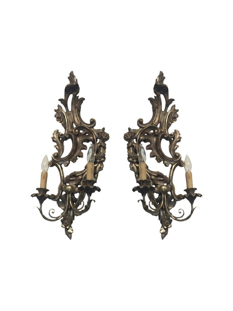 Pair of Italian Hand-carved 2 Light Wall Sconce with Acanthus Leaf Design - 2767