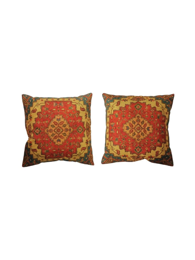 Pair of Square Kilim Style Pillows with Poly Filling - Orange/Green - 6096