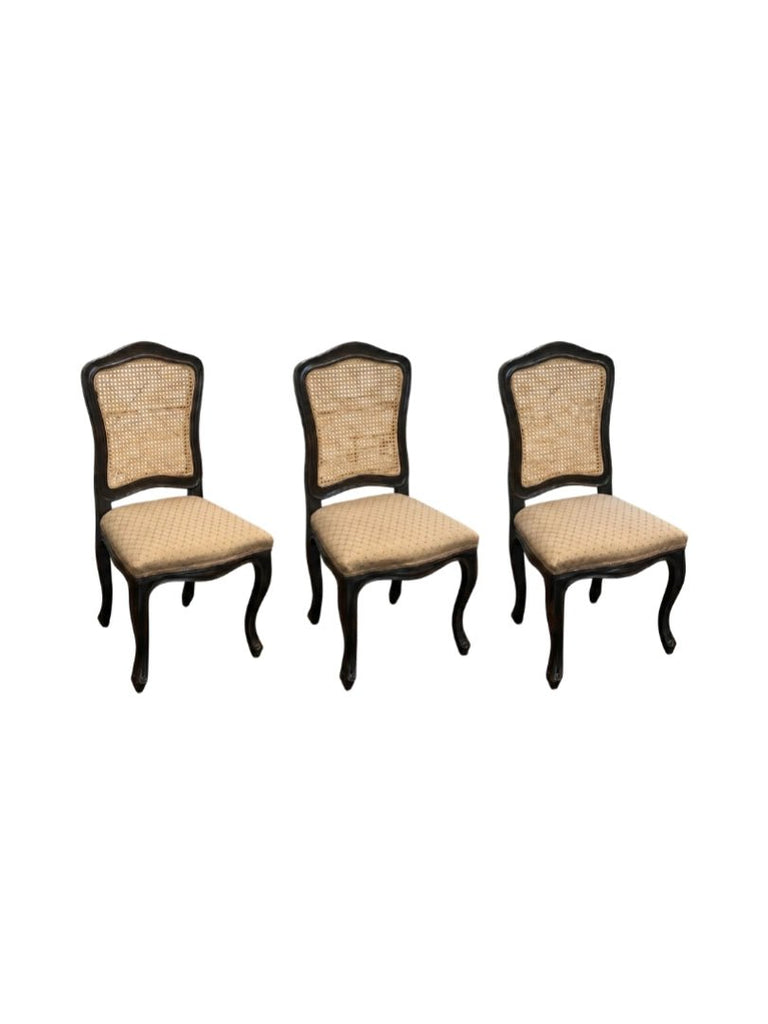 Set of 3 Italian Carved Walnut Side Chair With a Cane Back and Fabric Seat - 5051